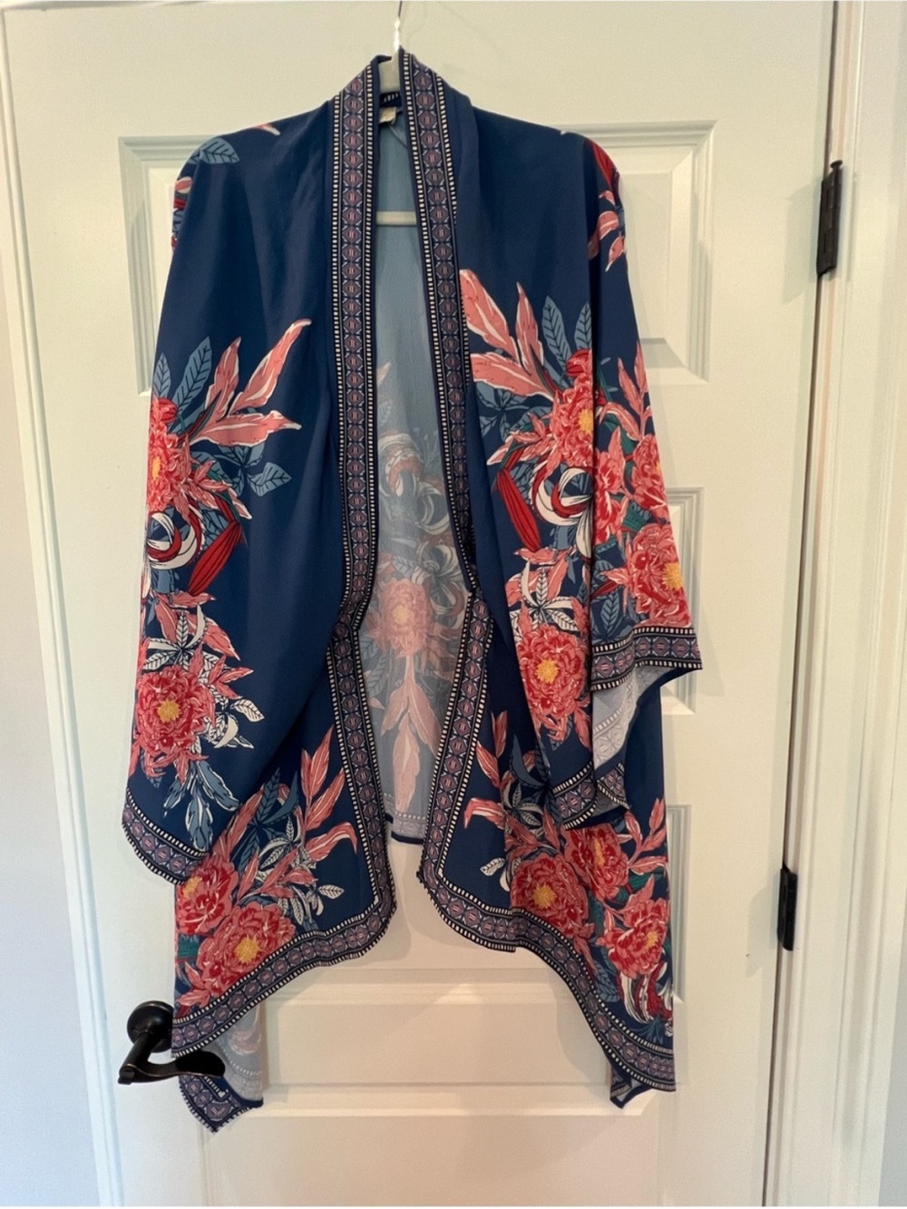 Flying Tomato Navy Floral Boho Kimono Duster Ruana Open Front S/M - Picture 8 of 9